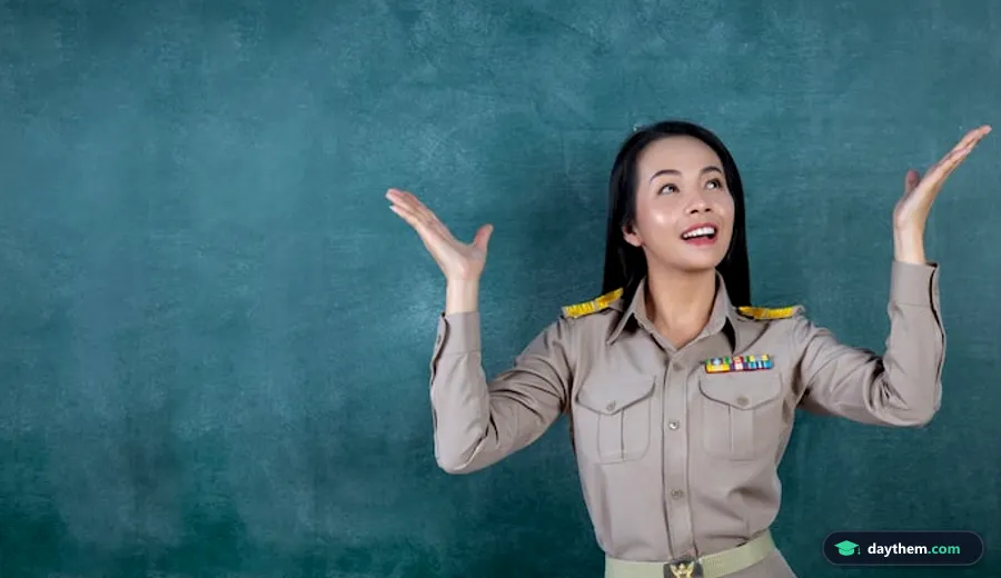 Giáo viên mặc trang phục công sở đang giảng bài trước bảng đen trong lớp học