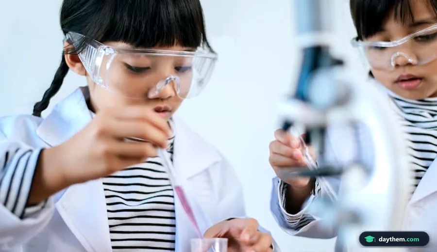 Hai học sinh đang thực hành thí nghiệm khoa học với ống nghiệm và dụng cụ trong phòng học.