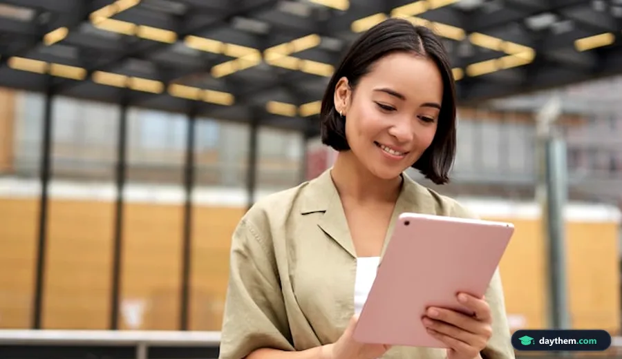 Cô gái trẻ người châu Á đứng trên đường phố đang nhìn vào màn hình máy tính bảng