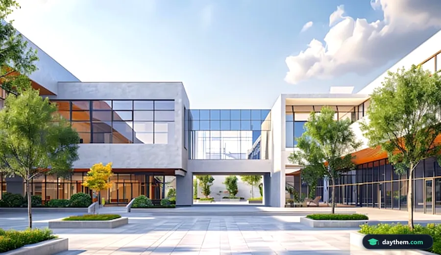 Khuôn viên và tòa nhà trường học nhiều tầng với các cửa sổ lớn và sân lát gạch rộng rãi dưới ánh nắng tại quận Bình Tân