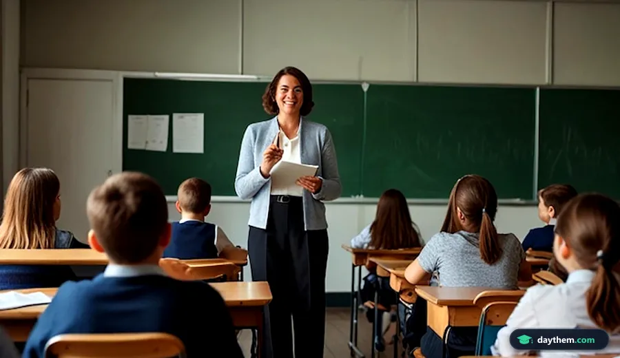 Giáo viên đang giảng dạy trong phòng học và tương tác với các học sinh đang ngồi học tại bàn